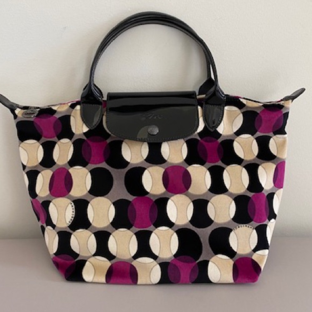 👛LONGCHAMP Limited Edition Tote Bag -Black, Cream, Purple print, Made in France